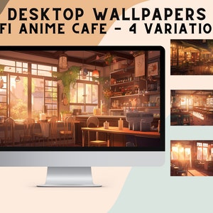 Lofi Cafe Anime Style PC Mac Desktop Laptop Wallpaper Computer Background HD Chill Aesthetic Digital Download 3840x2160 2160p 4k 16:9