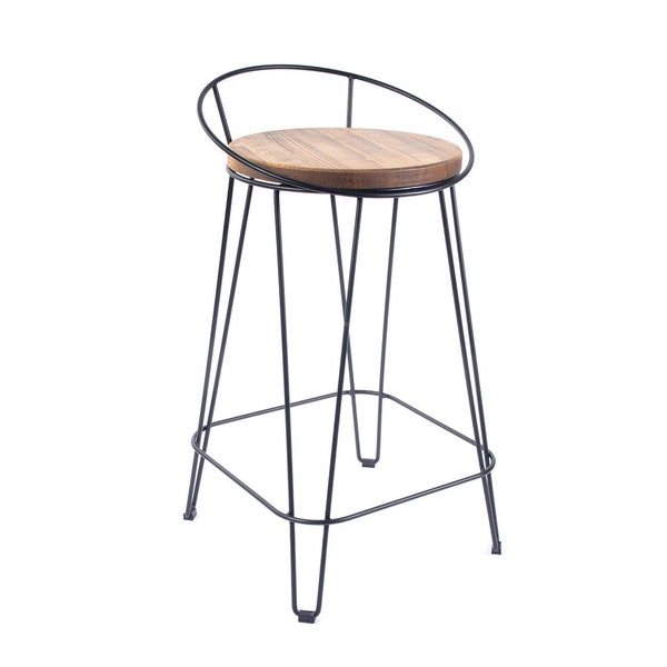 Loftie® Tabouret de bar pour bar à domicile, chaise de tabouret de comptoir moderne, tabouret industriel de magasin avec repose-pieds, métal noir et bois, aucun assemblage requis