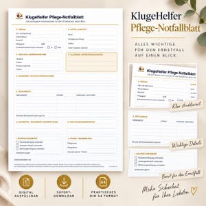 Peut inclure: Une fiche d'information d'urgence A4 blanche intitulée KlugeHelfer Pflege-Notfallblatt avec des sections pour les détails personnels, contacts d'urgence, antécédents médicaux, médicaments, allergies et documents, avec du texte noir et doré.