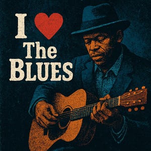 Könnte beinhalten: Vintage-Illustration eines Mannes, der eine Akustikgitarre spielt, einen blauen Anzug und Hut trägt. Der Text "I ❤️ The BLUES" wird in Weiß und Rot angezeigt. Das Bild hat ein strukturiertes Aussehen.
