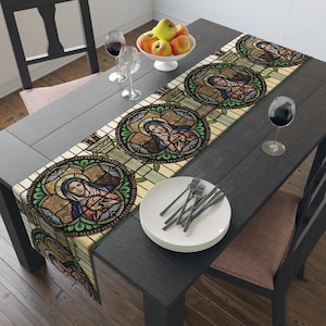 Religious Virgin Mother Mary Table Runner (Cotton, Poly) Stained Glass Jesus Christ Catholic Christian Love Beautiful Woman Doves