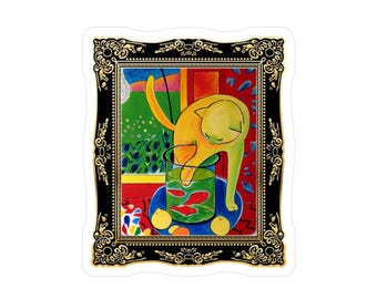 Vinyl Sticker / Decal - Henri Matisse  Unique Art Ornate Gold Leaf Framed Cat Playing in the Fishbowl Cute Painting