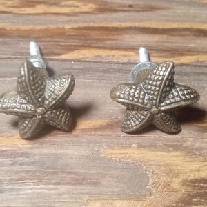 May include: Two metal drawer knobs shaped like five-pointed starfish. Each knob features a textured, grid-like surface pattern and a metallic finish. A threaded bolt extends from the back of each starfish-shaped piece for mounting purposes.