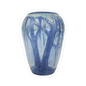 May include: A blue and white ceramic vase with a tree design. The vase has a rounded shape with a narrow base and a wider top. The tree design is painted in shades of blue and white, creating a textured effect.
