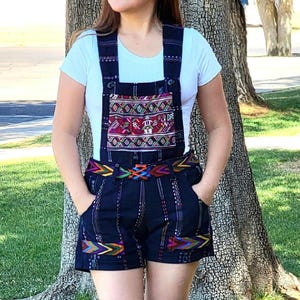 Beautiful Overalls with Unique Güipil Design, Dark Blue Color, Typical from Guatemala, in trend, guatemalan overalls shorts,