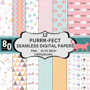 Cat Digital Papers, Meow Cat, Paw Print Digital Papers, Animal Scrapbook, Prints, Cat background, Seamless, High Quality, Digital Download