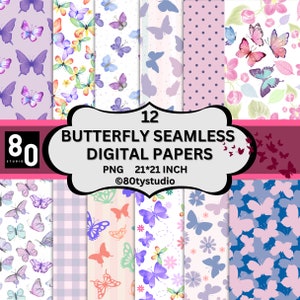 Butterflies Digital Paper Pack, Spring Pattern, Flower Digital, Floral, Purple, Butterfly Pattern, Colorful, Seamless, Digital Download