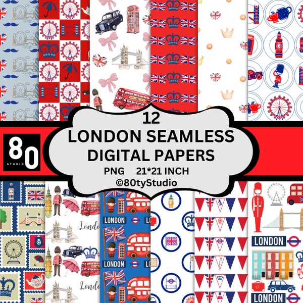 London Digital Paper, Seamless, London Icons, Printable, London Scrapbook, Travel, Background, Coronation, United Kingdom, Fast Download