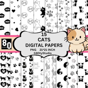 Cat Digital Papers, Meow Cat, Paw Print Digital Papers, Animal Scrapbook, Prints, Cat background, Seamless, High Quality, Digital Download