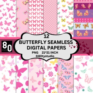 Butterflies Digital Paper Pack, Spring, Flower Digital, Floral, Pink, Butterfly Pattern, Colorful, Seamless, High Quality, Digital Download