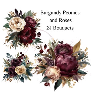Aquarelle Fleur Clipart pour la fabrication de cartes, Roses et pivoines bordeaux et dorées, Téléchargement instantané PNG, pour la fabrication de cartes Scrapbooking POD