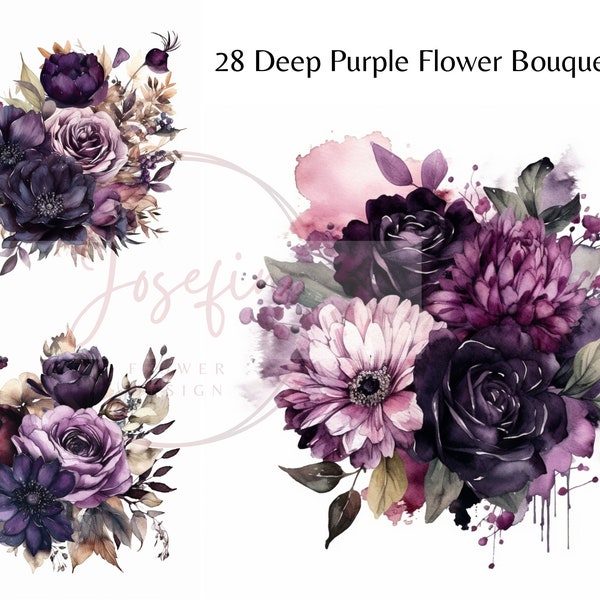 Deep Dark Purple Watercolor Flower Bouquets