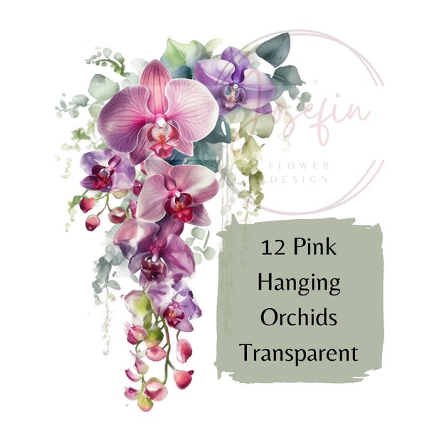 Transparent Pink Orchid Clip Art, Watercolor Pink Hanging Orchid Bouquets, Wedding Invitations PNG, Elegant Orchid Wedding, Tropical Clipart