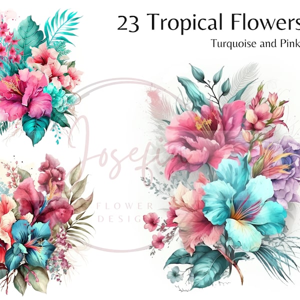 Tropical Watercolor Clipart Flower Bouquets in Pink and Turquoise Tropical Paradise Clipart