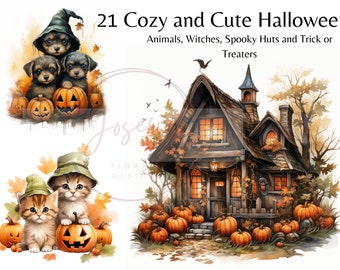 Cute Halloween Watercolor Clipart Bundle, Instant Download PNG, Free Commercial Use, Cats Dogs, Witches, Pumpkins, Spooky Card Making