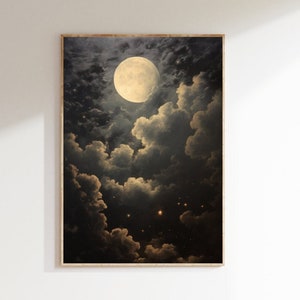 Enchanting Dark Moon Art Print - Vintage-Inspired - Dark Academia & Dark Cottagecore - Night Sky Painting - Moon Art Print - Celestial Art