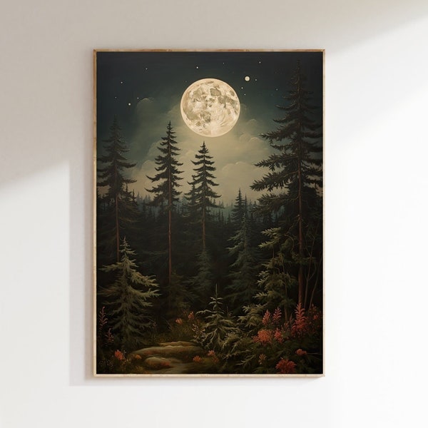 Midnight Forest - Dark Cottagecore Prints - Moody Vintage Art - Dark Forest Art - Botanical Painting - Nature Aesthetic - Dark Academia