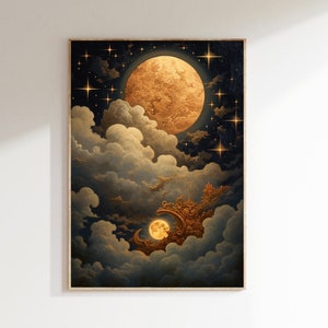 Enchanting Celestial Gold Moon Art Print - Vintage-Inspired - Dark Academia & Dark Cottagecore - Night Sky Painting