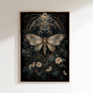 Moth Painting - Digital Art Print - Dark Cottagecore Artwork - Printable Wall Art - Witchy Room Decor -  Dark Academia Prints - Art Nouveau