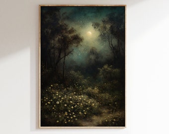 Midnight Walk - Dark Cottagecore Prints - Moody Vintage Art - Dark Forest Art - Botanical Painting - Nature Aesthetic - Dark Academia Print