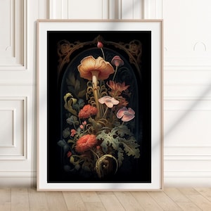 Mushroom Flower Painting - Dark Cottagecore Prints - Moody Vintage Art - Dark Forest Art - Botanical Painting - Nature Aesthetic