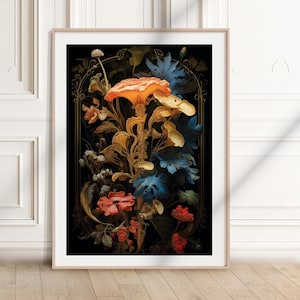 Floral Mushroom Painting - Dark Cottagecore Prints - Moody Vintage Art - Dark Forest Art - Botanical Painting - Nature Aesthetic