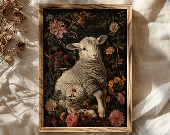 Easter Lamb Painting - Spring Deor - Dark Cottagecore - Spring Wall Art - Folk Art - Spring Art - Dark Academia - Moody Floral Art Print