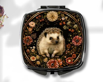 Hedgehog Compact Mirror - Moody Vintage Art - Dark Floral Art - Dark Acedemia - Dark Cottagecore - Goblincore - Nature Aesthetic