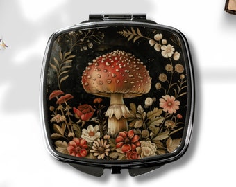 Mushroom Compact Mirror - Dark Cottagecore - Goblincore - Moody Vintage Art - Dark Forest Art - Botanical Pocket Mirror - Nature Aesthetic