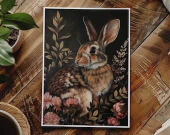Easter Bunny Painting - Spring Deor - Dark Cottagecore - Spring Wall Art - Folk Art - Spring Art - Dark Academia - Moody Floral Art Print