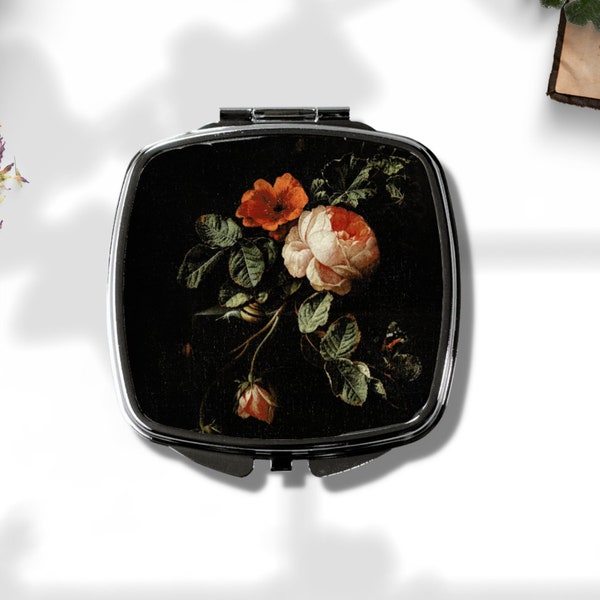 Miroir roses - oeuvre d'art par Elias van den Broeck - accessoire Dark Academia - miroir compact d'art vintage - art déco floral - idée cadeau pour elle