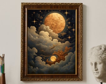 Enchanting Celestial Gold Moon Art Print - Vintage-Inspired - Dark Academia & Dark Cottagecore - Night Sky Painting - Digital Download