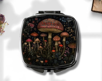 Mushroom Compact Mirror - Dark Cottagecore - Goblincore - Moody Vintage Art - Dark Forest Art - Botanical Pocket Mirror - Nature Aesthetic