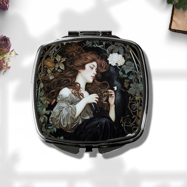 Miroir de poche Art nouveau - miroir compact d'art vintage - accessoire académique sombre - cadeau Cottagecore - art inspiré d'Alphonse Mucha