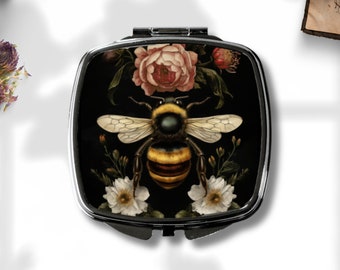 Bumblebee Mirror - Dark Academia Accessory -  Moody Vintage Art - Vintage Art Compact Mirror - Floral Art Decor - Gift Idea for Her