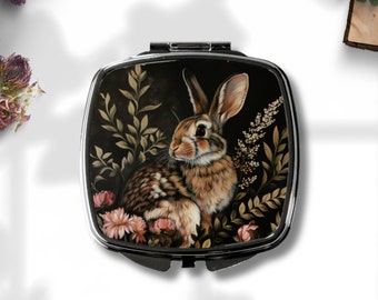 Rabbit Compact Mirror - Moody Vintage Art - Dark Floral Art - Dark Acedemia - Dark Cottagecore - Goblincore - Nature Aesthetic