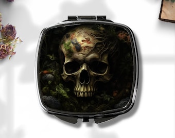 Skull Art Compact Mirror - Moody Vintage Art - Dark Floral Art - Dark Academia - Dark Cottagecore - Goblincore - Nature Aesthetic - Gothic