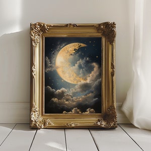 Moon Painting - Vintage-Inspired - Dark Academia & Dark Cottagecore - Night Sky Art - Moon Artwork - Moon Print