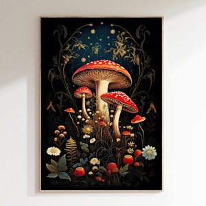 Enchanting Mushroom Painting - Dark Cottagecore Prints - Moody Forest Art - Vintage Botanical Wall Art - Nature Aesthetic - Mushroomcore