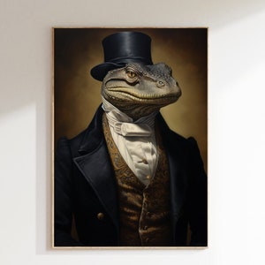 Reptile Portrait Painting - Gothic Reptile Art Print - Dark Academia - Animal Painting - Animal Decor - Animal Head Human Body - Goth Decor