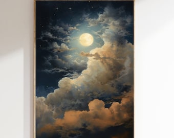 May include: A full moon shines brightly through a thick layer of clouds in a dark blue night sky. The clouds are a mix of white and orange, creating a dramatic and ethereal scene.