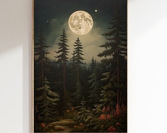 Midnight Forest - Dark Cottagecore Prints - Moody Vintage Art - Dark Forest Art - Botanical Painting - Nature Aesthetic - Dark Academia