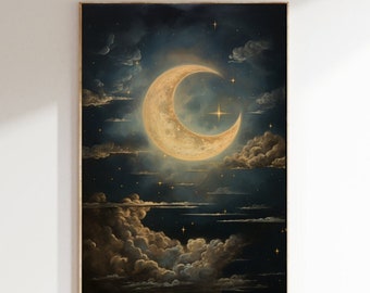 Celestial Moon Art Print - Vintage-Inspired - Dark Academia & Dark Cottagecore - Night Sky Painting - Moon Art Print - Enchanting Art