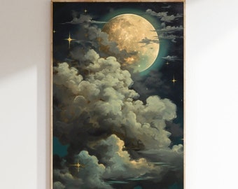 Enchanting Celestial Moon Art Print - Vintage-Inspired - Dark Academia & Dark Cottagecore - Night Sky Painting - Moon Art Print