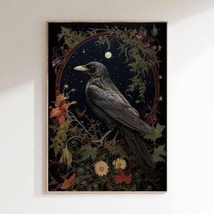 May include: A black crow perched on a branch in a dark forest setting. The crow is surrounded by flowers and foliage, and the moon is visible in the night sky.
