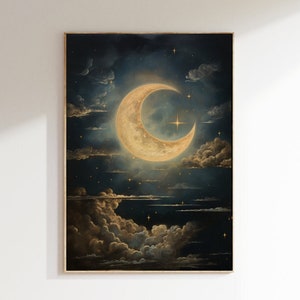 Celestial Moon Art Print - Vintage-Inspired - Dark Academia & Dark Cottagecore - Night Sky Painting - Moon Art Print - Enchanting Art