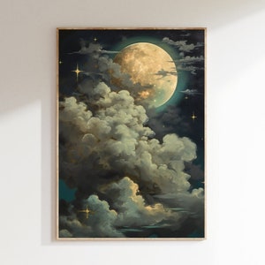Zauberhafter Himmlischer Mond Art Print - Vintage-Inpiriert - Dark Academia & Dark Cottagecore - Nachthimmel Malerei - Mond Art Print