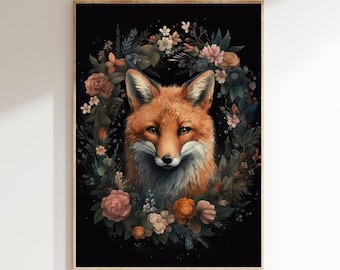 Fox Painting - Dark Cottagecore Artwork - Magical Art - Witchy Room Decor - Dark Academia Print - Moody Floral Art Print - Digital Art Print