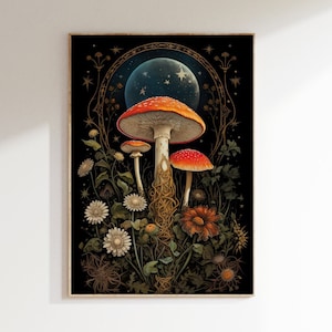 Mushroom Painting - Dark Cottagecore Prints - Moody Vintage Art - Dark Forest Art - Botanical Painting - Nature Aesthetic - Mushroomcore