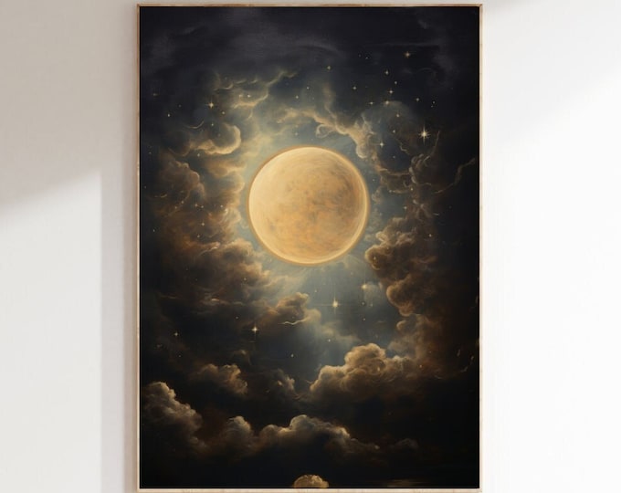 Vintage Enchanting Celestial Moon Art Oil Painting Print | Dark ...